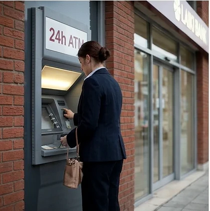 A client using a Laiki Bank 24-hour ATM