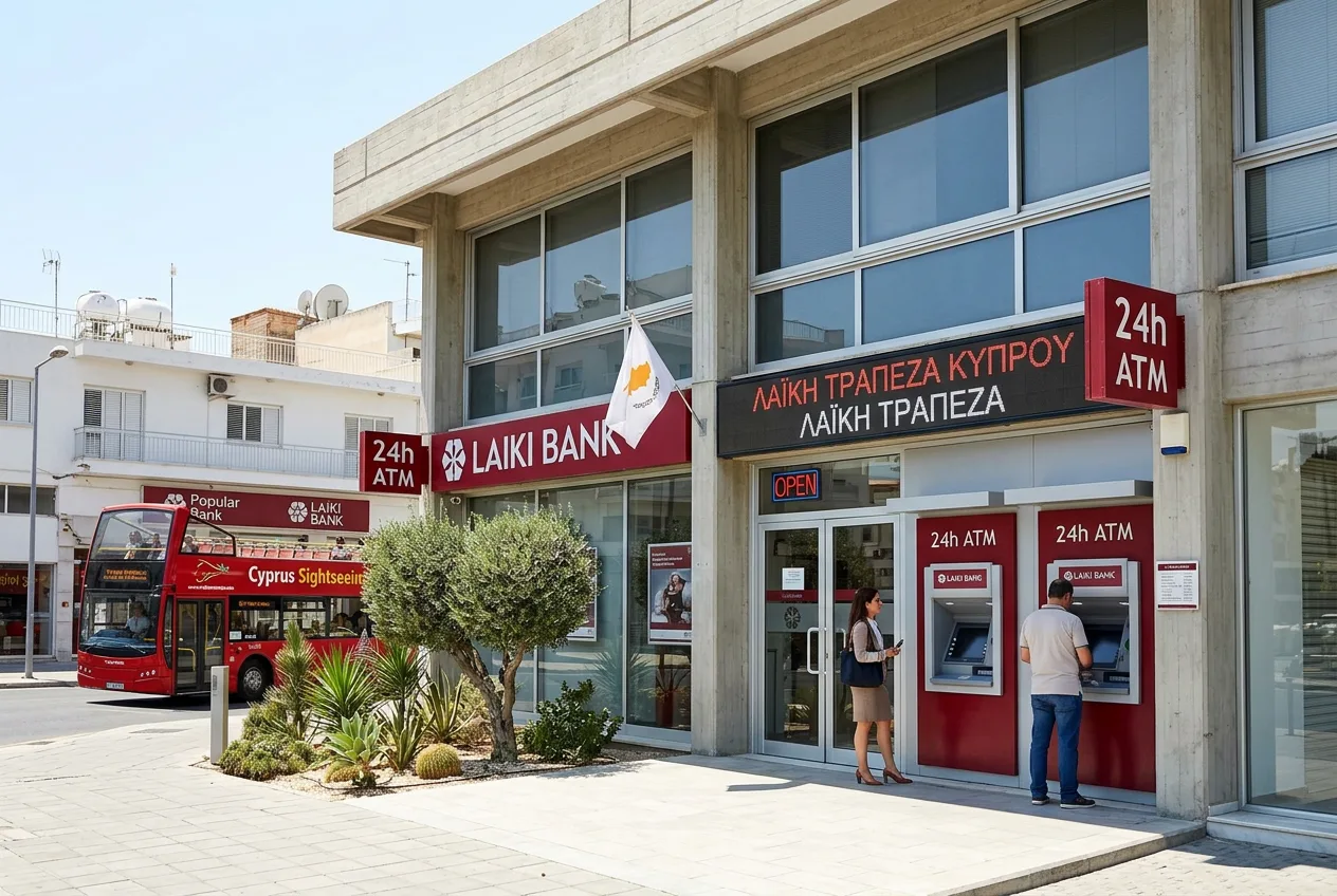 A Laiki Bank city-centre branch with a 24-hour ATM lobby and a sightseeing bus passing by