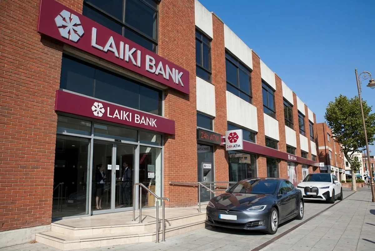 A Laiki Bank branch in a red-brick building on a sunny high street