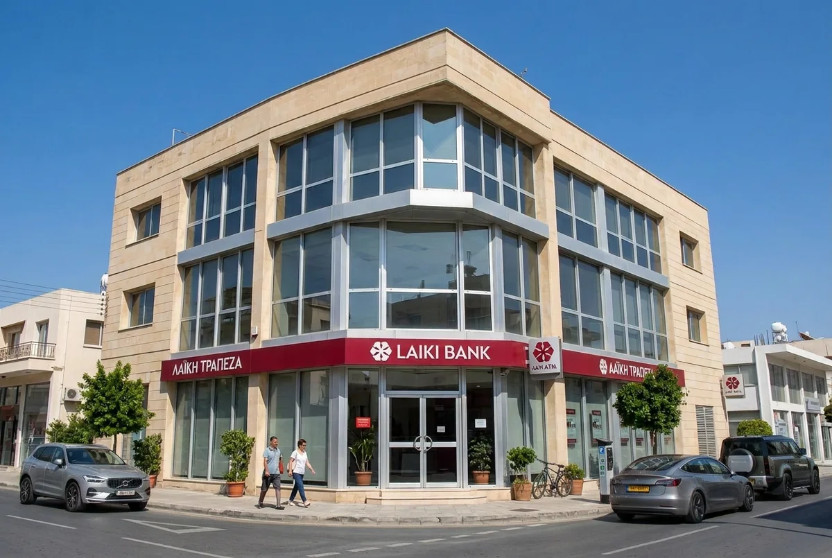 A Laiki Bank corner branch in a honey-stone building