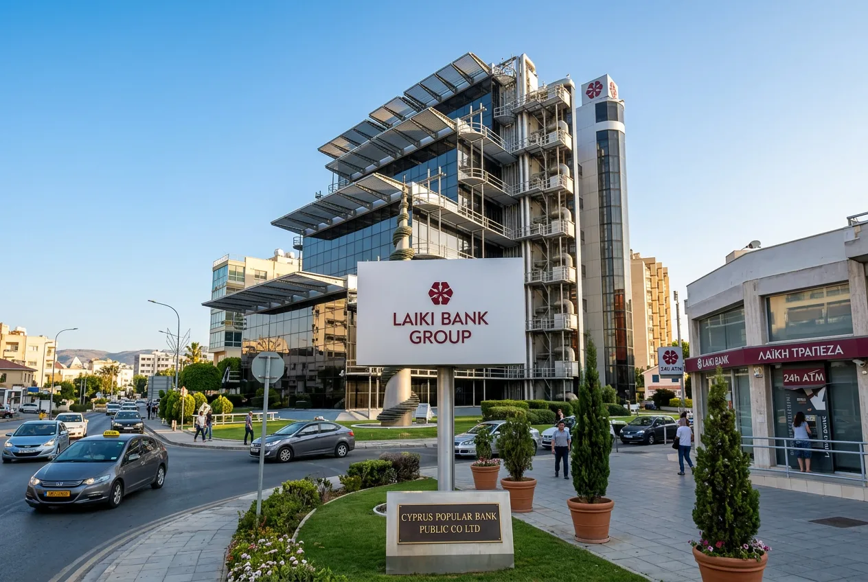 The Laiki Bank Group headquarters in Nicosia photographed at dusk, with the LAIKI BANK GROUP sign in the foreground